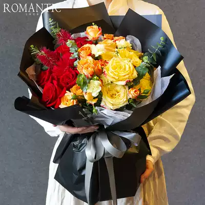 美式撞色风高饱和度色彩美学花束红橙黄拼色祝福花束北京鲜花速递