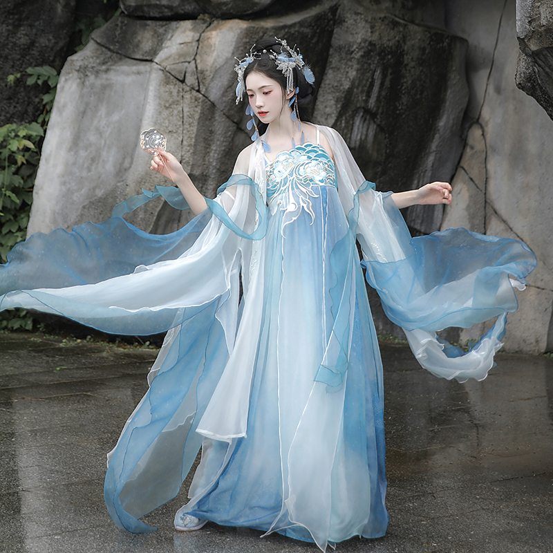 Hanshang Huilian Original Fairy-Like Hanfu, Blue Wave Cloud Shadow Tang-Style Modified Hezi Skirt, Han Elements, Ancient Style, National Style Set Hanshang Huilian Original Fairy-Like Hanfu, Blue Wave Cloud Shadow Tang-Style Modified Hezi Skirt, Han Elements, Ancient Style, National Style Set
