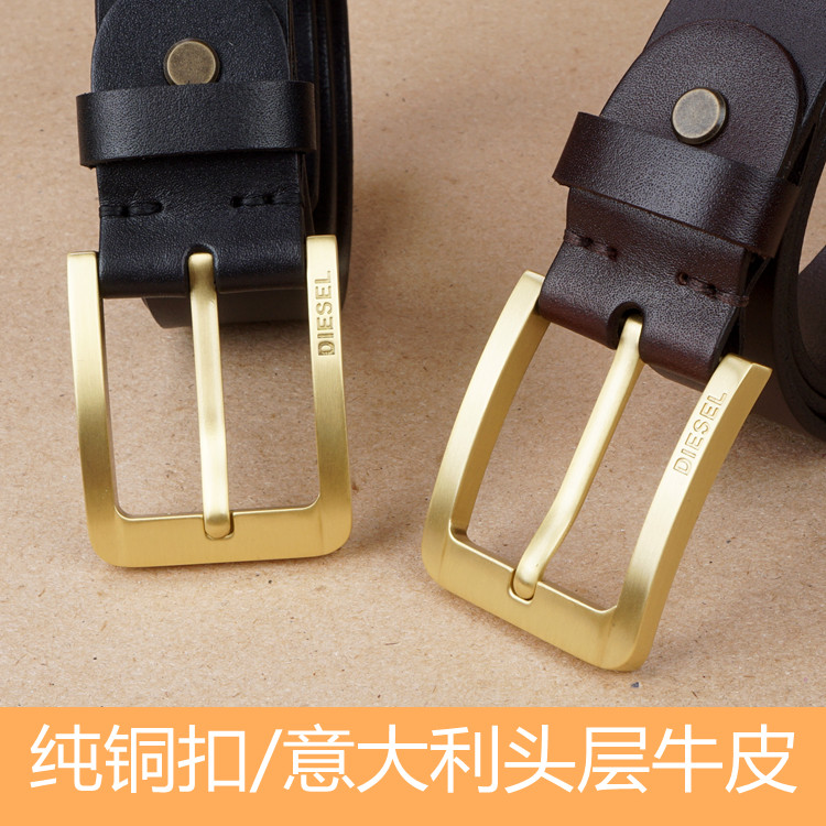 Leather Strap Male Leather Men 100 Hitch Casual Business Middle Aged Youth Belt Pure Cow Leather Pure Copper Buckle Head Pin Buckle 