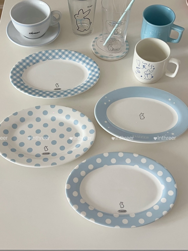 Inthreer Original Design Summer New Product Polka Dot Plaid Star Blue White Pink Ceramic Plate Oval Plate Dessert Plate