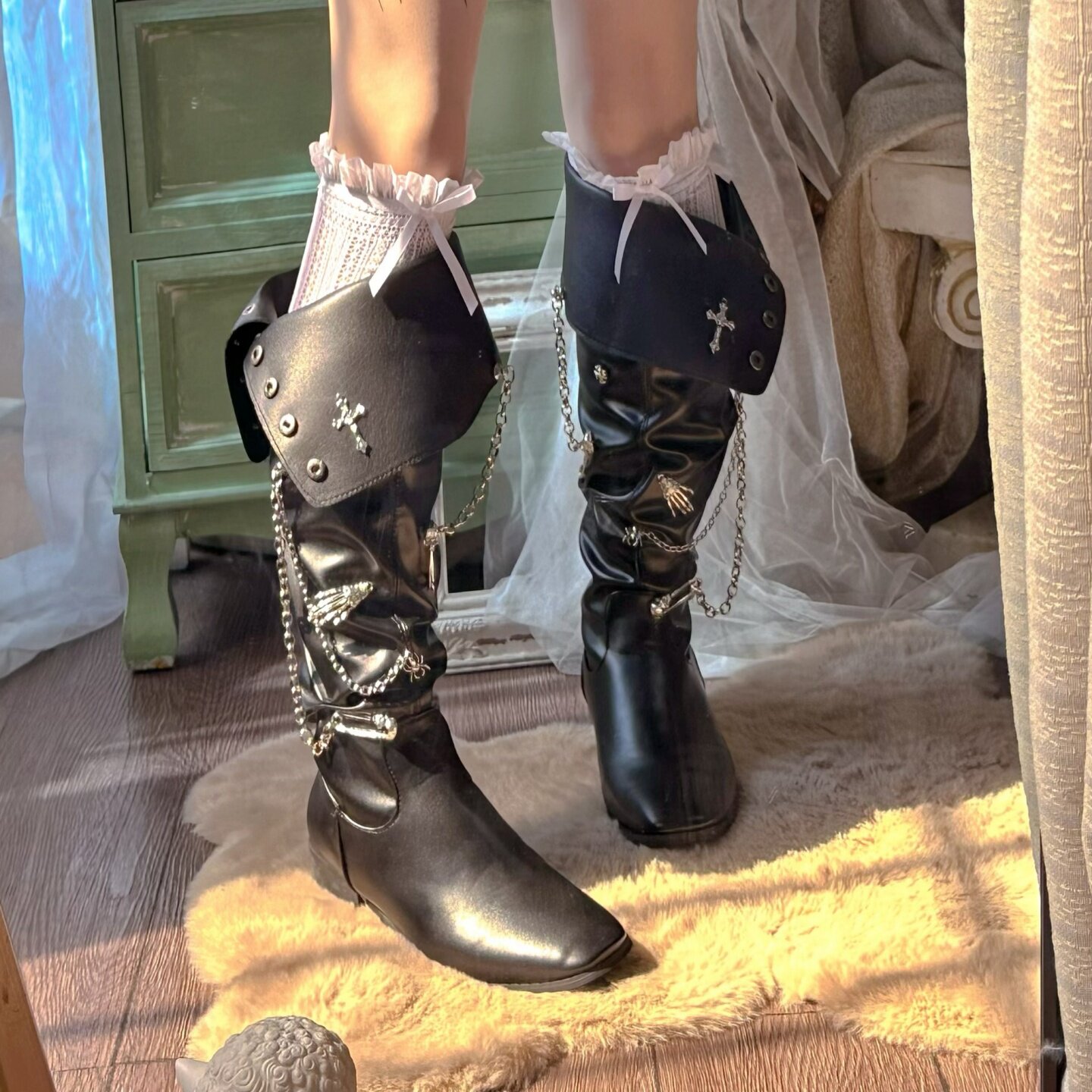 PINKYO Original Dark Cross Pointed Toe Sexy Boots American Punk Style Niche Chunky Heel Retro Riding Boots