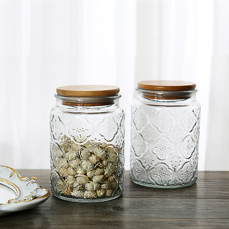 Vintage Presbyopia Glass jar Food sealed jar Snacks Dried Nuts Sealed Begonias Vintage embossed storage jar