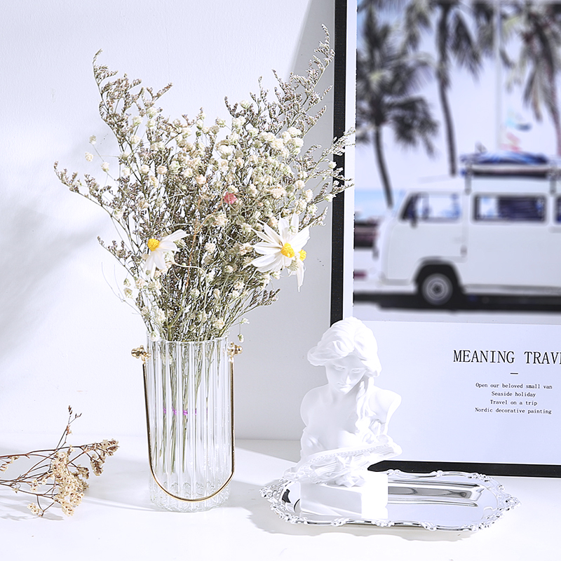 Nordic ins Simple gold hand vase Dry flower vase Transparent glass decorative flower vase Vertical stripe vase