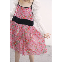LAN VIVIER elegant chiffon white peach red small floral sling dress sweet loose Middle dress