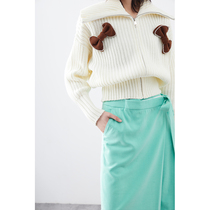 LAN VIVIER fashionable age reduction Diamond side velvet bow waist big lapel wool loose sweater women