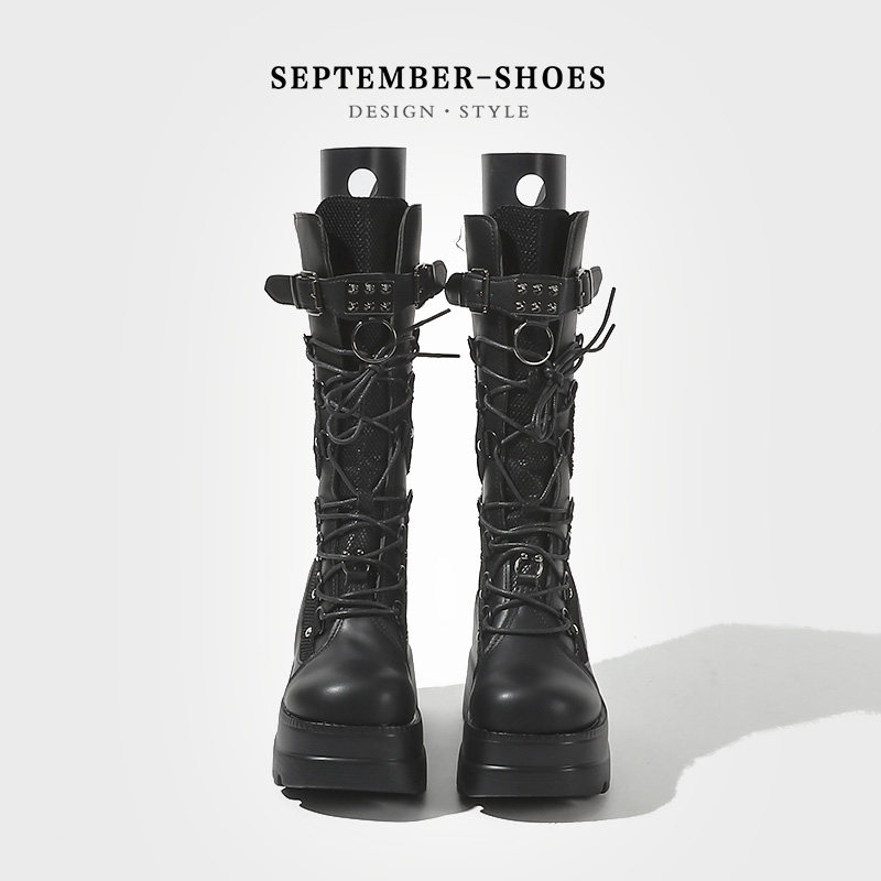 Lolita punk platform shoes, women's gothic style oversized mid-calf boots, biker boots.