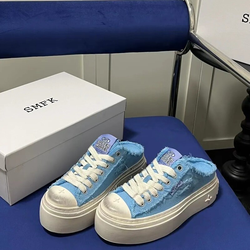 2024 New Smk Retro Distressed Dirty Shoes Half-Slip-On Lazy Canvas Shoes Small Dirty Shoes Lace-Up Sneakers