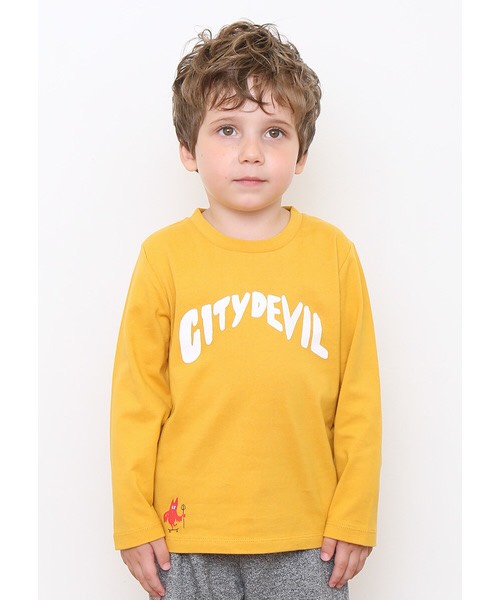 Japanese small devil pocket embroidered long sleeve T-shirt bright yellow pure cotton comfort