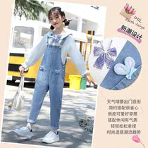 Girl Denim Back Belt Pants Spring Autumn Korean Version Children Suit 2022 New Great Boy Ocean Gas Little Girl Pants Fashion