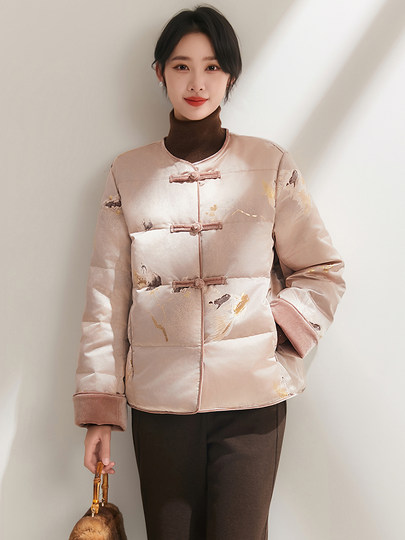 Jianman Rouxia Yingyu 90 white goose down new Chinese style gilt swimming jacquard down jacket round neck thick coat for women