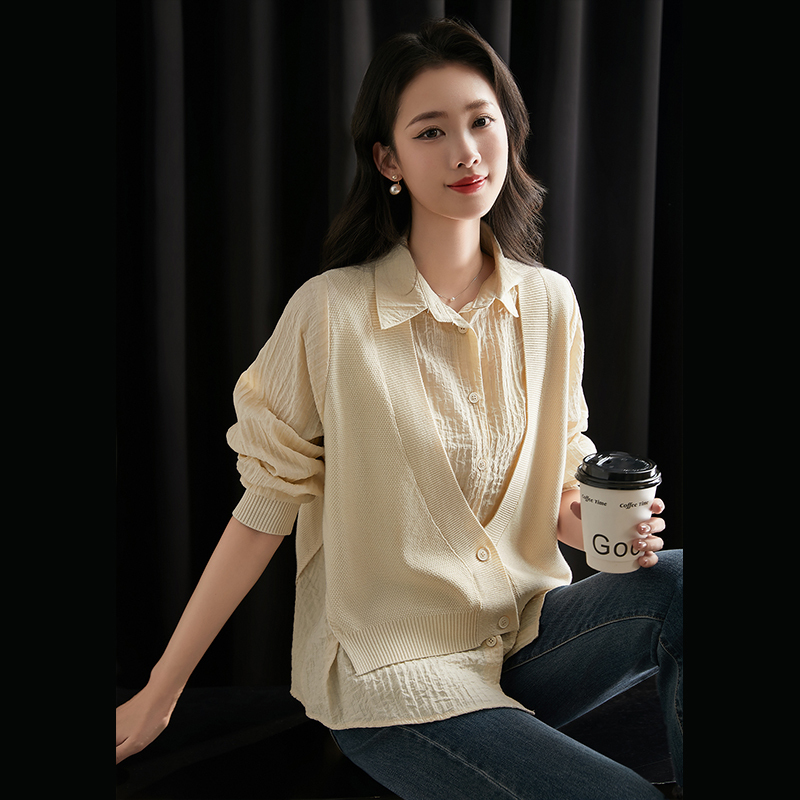 Jianman [Texture Layering] Early Spring Fashionable Fake Two-Piece Patchwork Shirt, Mature Style Lapel Knitted Cardigan for Women