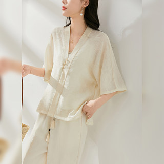 Jianman [Gentle Fluttering Eyelashes] New Chinese Style Short-Sleeve Shirt, Transparent Cross-Placket Short-Sleeve Blouse for Women, Summer Thin Style
