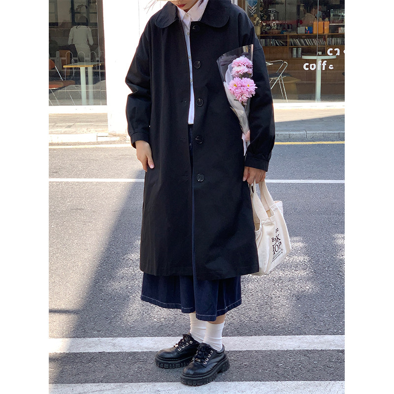 RAINY Inlén Wind Black Windjersey Woman Little Guy 2022 Spring Autumn Lantern Sleeve Big Coat With Long Version Coat