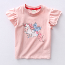 Girls fly shoulder pure cotton short sleeve T - shirt 2022 summer unicorn baby baby hit the bottom