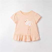 2022 Summer Girls Pure Cotton Short Sleeve T - shirts cute cartoon crane and lace with half - sleeve leisure blouse