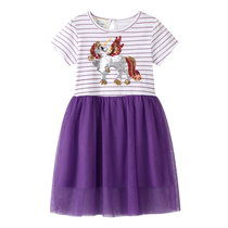 Girls Princess skirt short sleeve gauze dress purple unicorn sequins 3 dress cotton striped skirt European and American foreign style 6