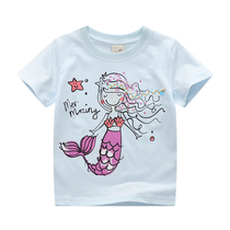 Girls pure cotton short sleeve T - shirt cute baby mermaid shallow blue neck baby half - sleeve cartoon child beat the bottom 5