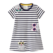 Girls summer cotton short sleeve dress baby striped kitten casual loose long T-shirt skirt Europe and America