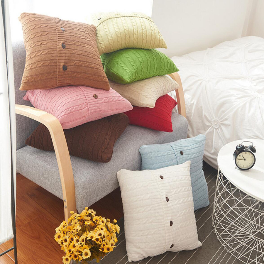 Simple Nordic style cotton twist knit button cushion wool knit office pillow case