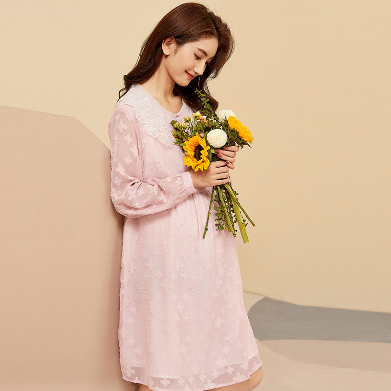(door flap-laced breast-feeding) Pregnant Pregnant Woman Dress Spring Summer New Jacquard Snowspun Laced Long Sleeve Foreign Dress