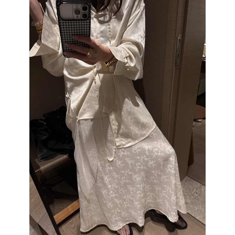 Ohlababy High-End Satin Slit Lace Skirt for Women, Spring Versatile Drapey Mid-Length Elegant Skirt