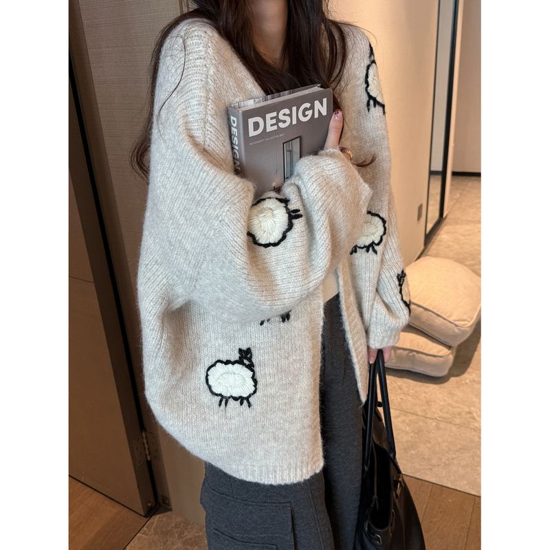Ohlababy Lazy Style Lamb Embroidery Sweater Cardigan for Women, Autumn and Winter Loose Thick Knitted Jacket Cartoon Top Ohlababy Lazy Style Lamb Embroidery Sweater Cardigan for Women, Autumn and Winter Loose Thick Knitted Jacket Cartoon Top