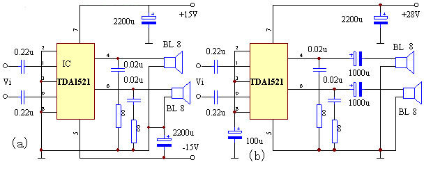 Classic PHILIPS TDA1521 power amplifier IC with circuit diagram