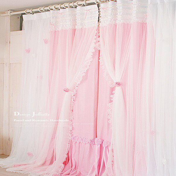Children's Room Girl Lace Pink Princess Heart Curtains Net red curtains in wind shaking curtains