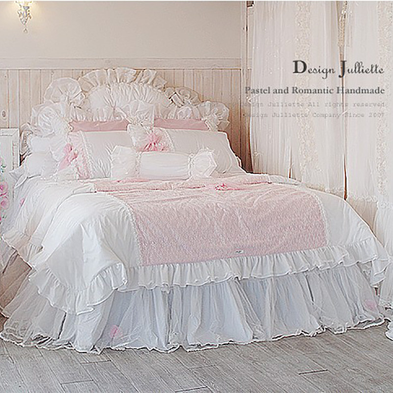 Thickened warm bedding pink romantic style white lace princess bedding four-piece set can be customized