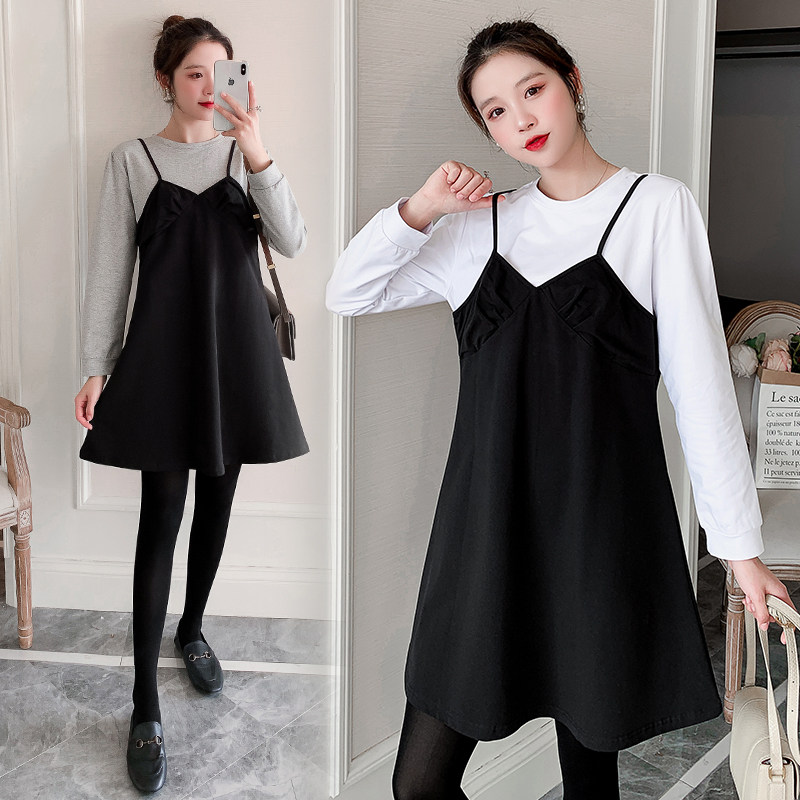 Pregnant women autumn dress fashion loose fake two-piece suspender skirt long-sleeved top autumn age reduction net red suit