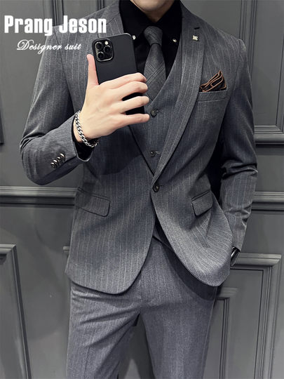 High-End Striped Men's Suit Set Business Casual Formal Wear Wedding Groom Suit Three-Piece Slim Fit Dress Suit for Men