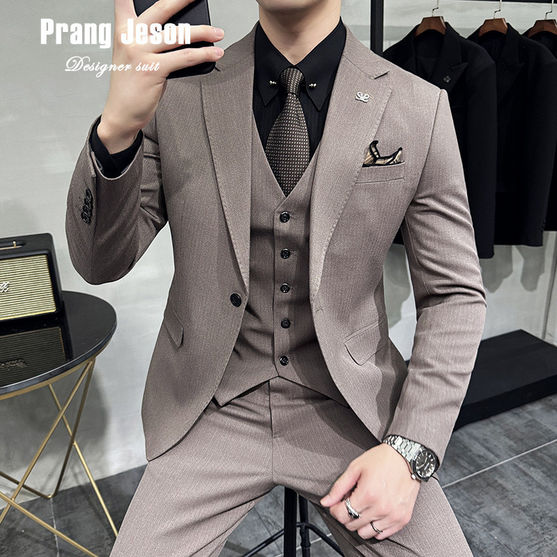 High-End Striped Suit Set for Men, Three-Piece Business Casual Interview Formal Wear, Wedding Groom Attire, Banquet Dress