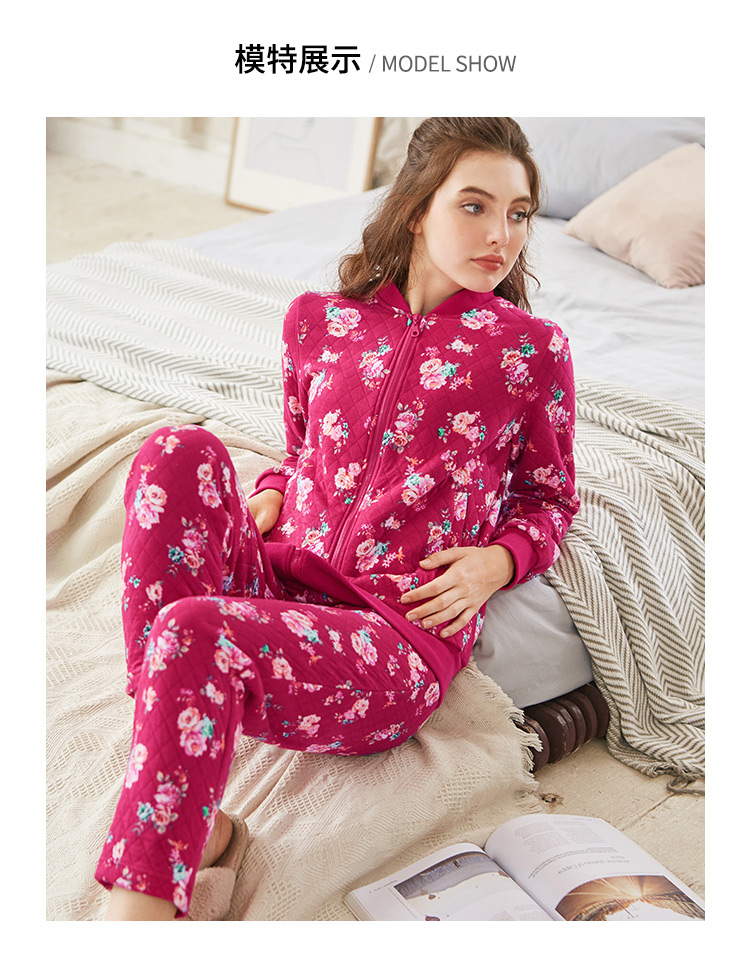 [Mã phá vỡ 惠] Bộ đồ ngủ chần bông tiêu chuẩn Mỹ mùa thu và mùa đông ba lớp cotton ấm áp dày bông đỏ phục vụ nhà bộ đồ ngủ 2 dây