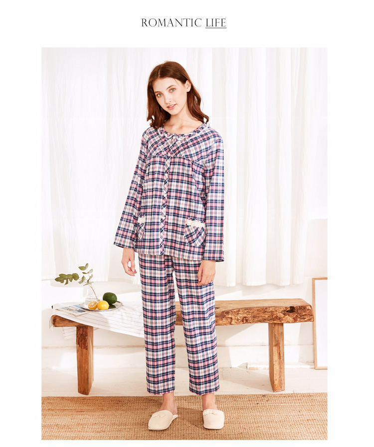 Bộ đồ ngủ cotton dài tay tiêu chuẩn Mỹ mới cho nam và nữ mùa xuân hè có thể mặc đồ cotton kẻ sọc đồ bộ ống suông
