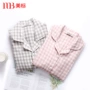 Bộ đồ ngủ cotton 3 sợi cotton tiêu chuẩn Mỹ nam nữ mùa thu đông đơn giản để mặc đồ kẻ sọc cotton phục vụ tại nhà đồ bộ mặc nhà