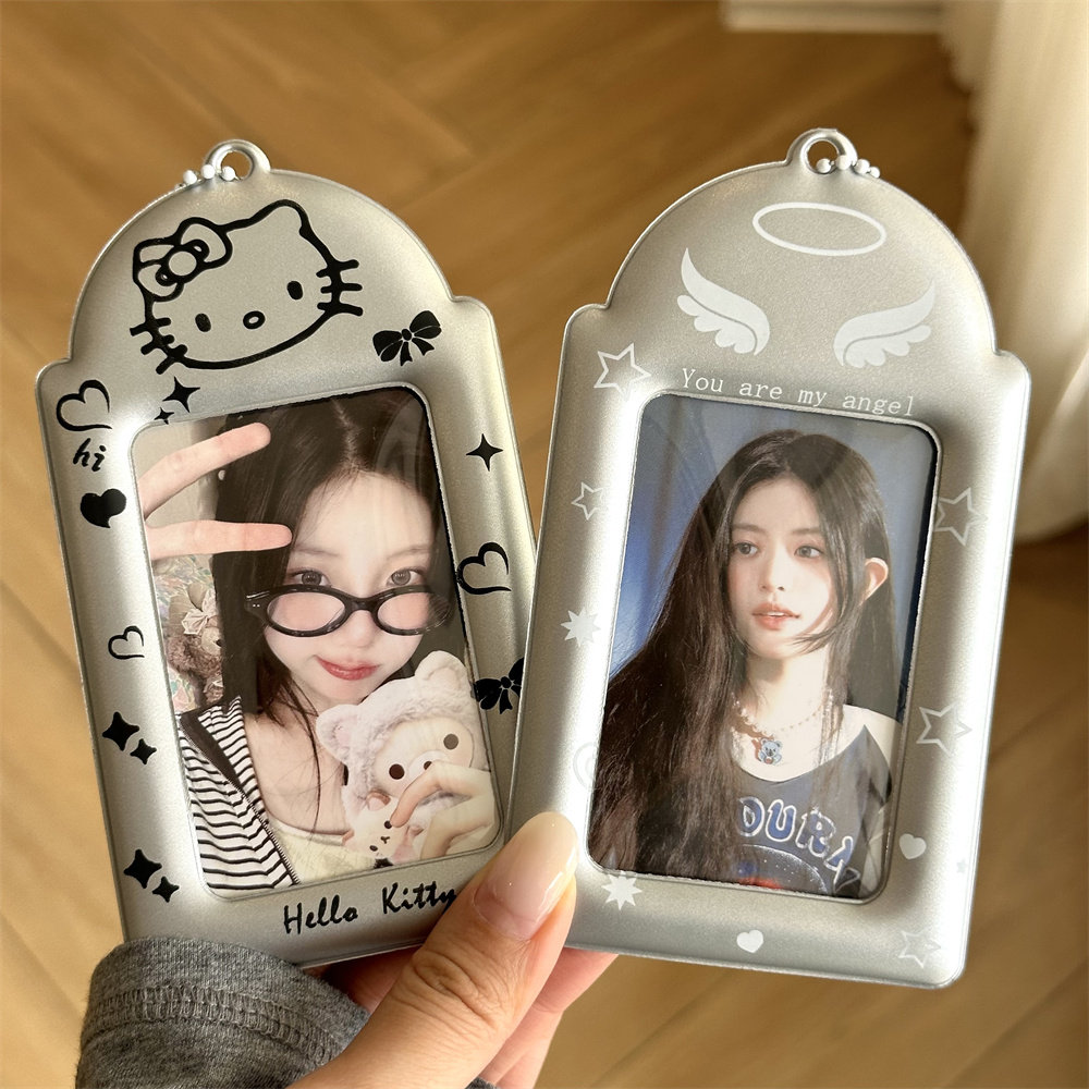 3-inch silver cute cat wings card holder for instant photos, idol photocards, school cards, and fangirl accessories.