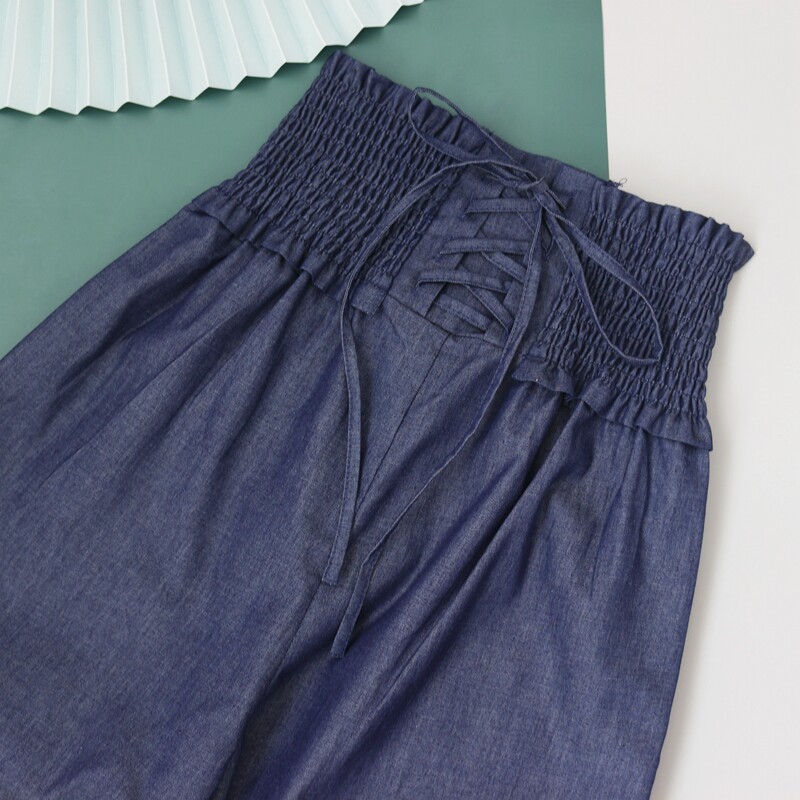 Spring Summer Day Ensemble Teenage Girl's Teenage Age Court style Balloon Flower with high waist and slim 9 points Jeans Straight Drum Pants