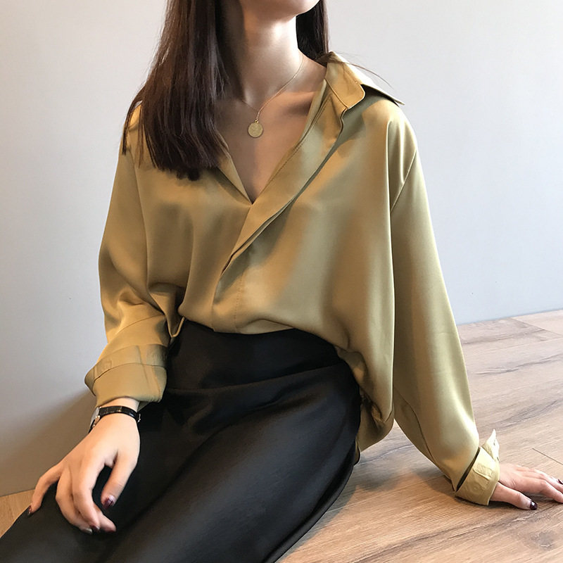 Draped satin shirt women's long-sleeved 2020 spring and summer new Korean version loose design sense niche retro Hong Kong-flavored top