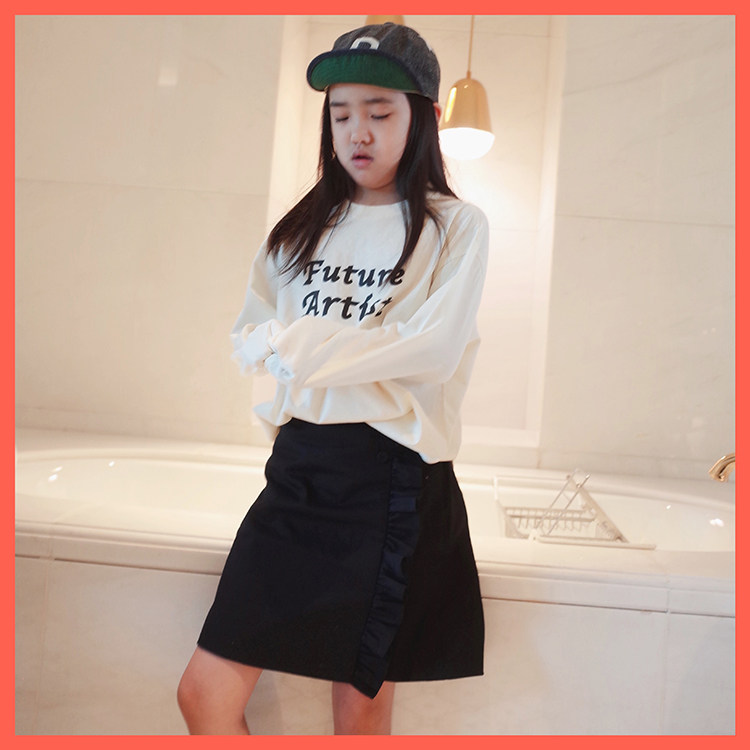 Doll Aimei autumn new female small and medium-sized children's loose lazy letters round neck pullover cotton basic long-sleeved T-shirt
