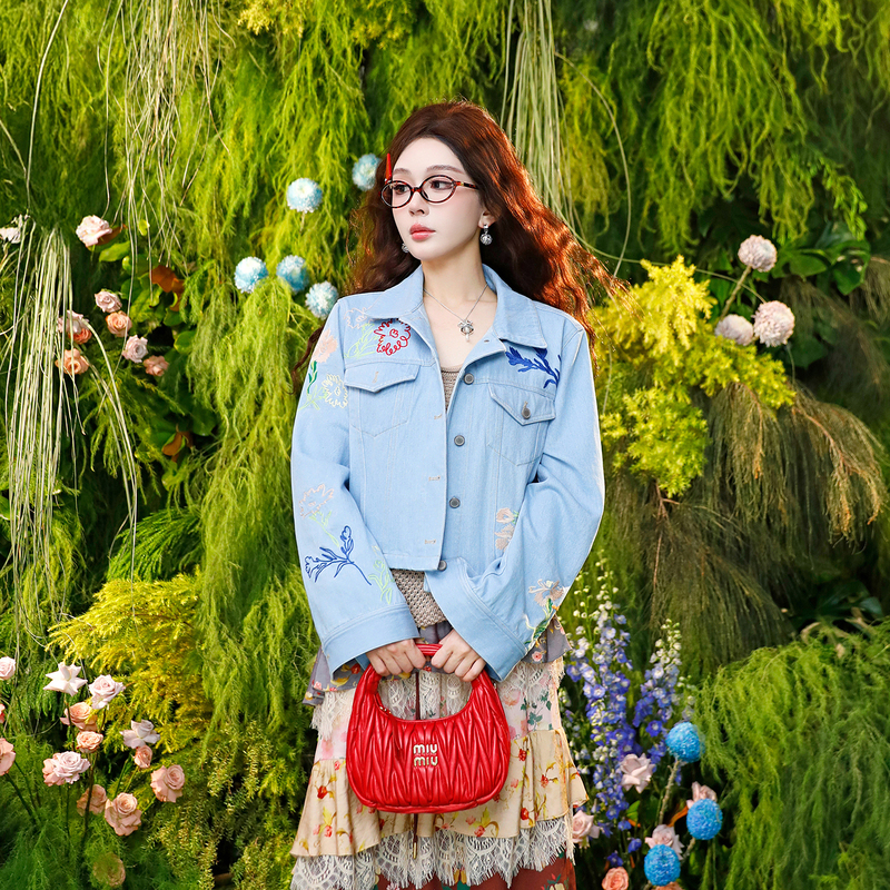 Huhoo Subi Cotton Denim Jacket Blue Floral Embroidery Short Lapel Loose Casual Top