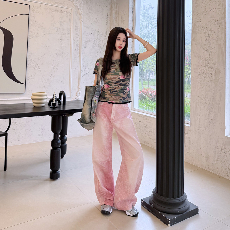 Huhoo Pink Gradient Curved Hem Jeans Pure Cotton Loose Versatile Straight-Leg Pants