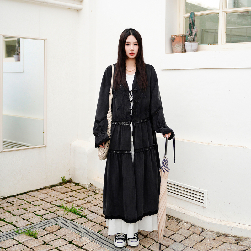 Huhoo Copper Ammonia Fiber Casual Lazy Style Embroidered Hollow Lightweight Trench Coat Dress