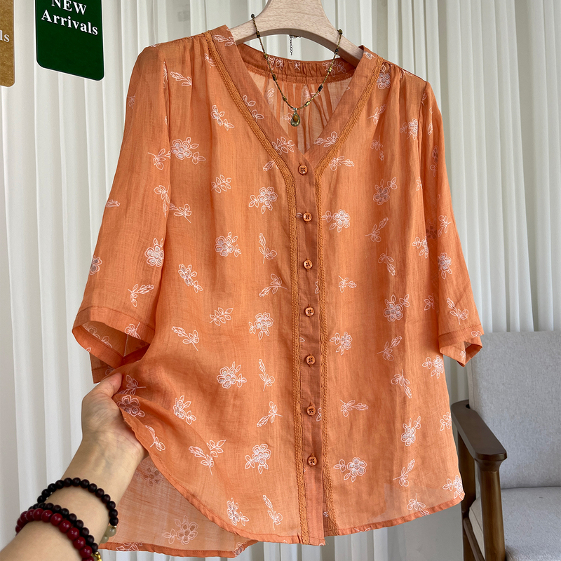 Pumpkin Orange, Very Pretty Ramie Top, High-End Small Floral Shirt, V-Neck, Regular Shoulder, Slit at the Hem, for Middle-Aged Mothers