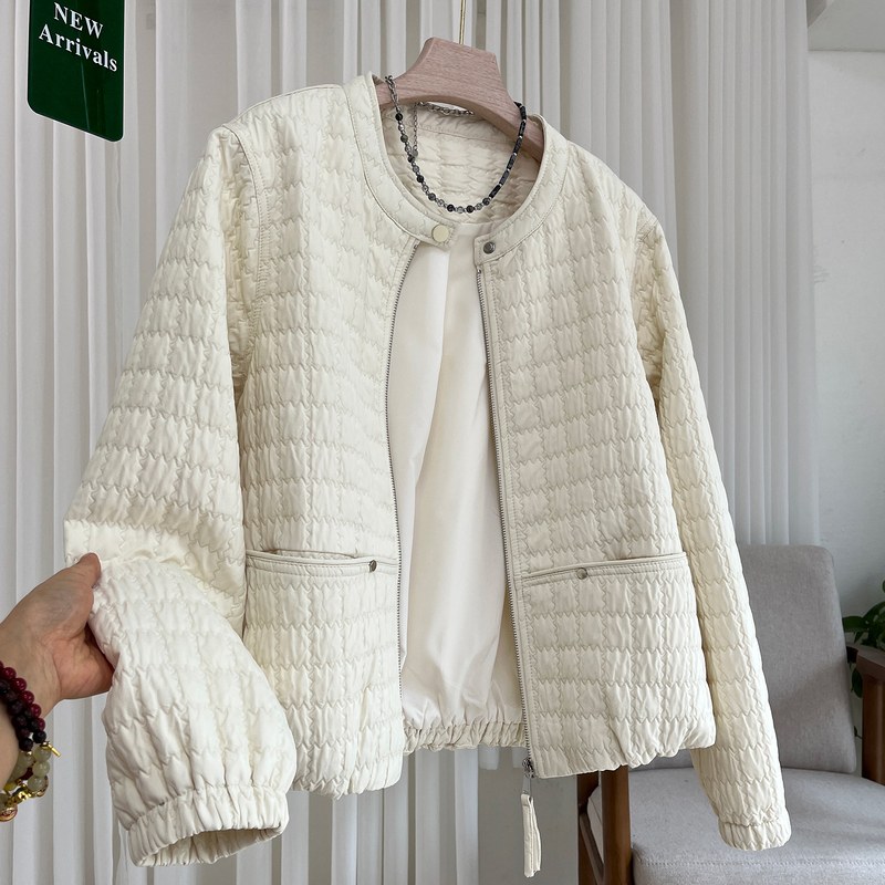 Spring Coat 2026 New Women's Diamond-Patterned Exquisite Top Collarless Middle-Aged Mom Casual Slimming Clothing with Zipper