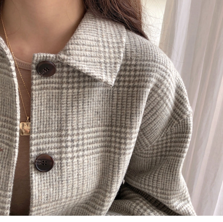 Hàn Quốc ins ma ngựa cô gái chống mùa thu và mùa đông áo hai mặt cashmere nữ nhỏ len len ngắn áo khoác - Accentuated eo áo áo dạ kẻ caro dáng dài