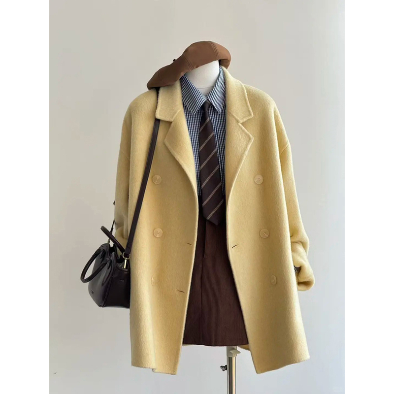 Limited Edition Special Milk Yellow High-Warmth Yak Wool Classic Double-Breasted Wool Suit Jacket Women's Wool Coat