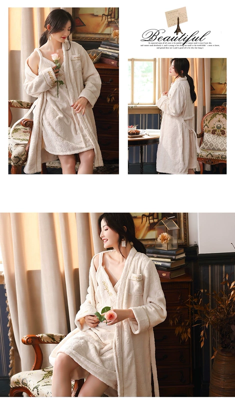 Đồ ngủ nữ mùa thu và mùa đông san hô lông cừu ngọt ngào flannel gợi cảm treo hai mảnh phù hợp với áo choàng kimono dài - Night Robe