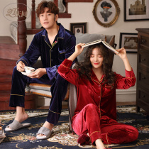 Qingtong pajamas spring and autumn Korean golden velvet red wedding long sleeve male Velvet female home clothing set autumn and winter