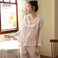 Đồ ngủ Qingtong mùa hè mỏng phần nữ cotton dài tay mỏng phần sinh viên dễ thương lỏng lẻo dịch vụ nhà Hàn Quốc phù hợp dễ thương - Bộ Pajama đồ bộ mặc nhà