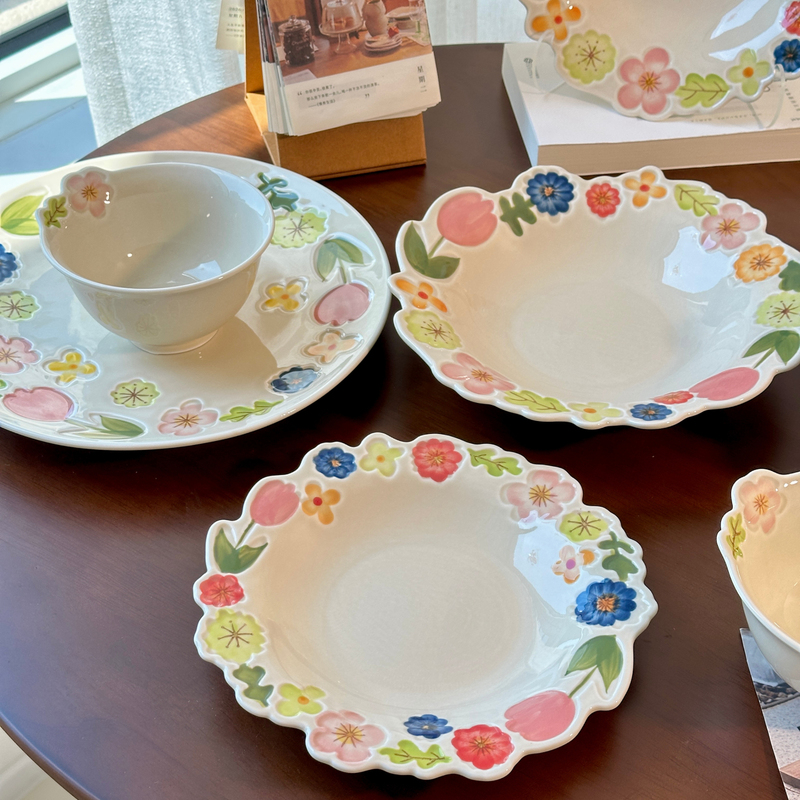 Underglaze Floral Ceramic Tableware Set for Home Use 2025 New High-Value Rice Bowls, Plates, and Fruit Plates